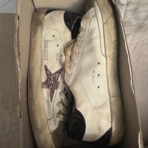 Golden Goose Cream and Black Glitter Sneakers